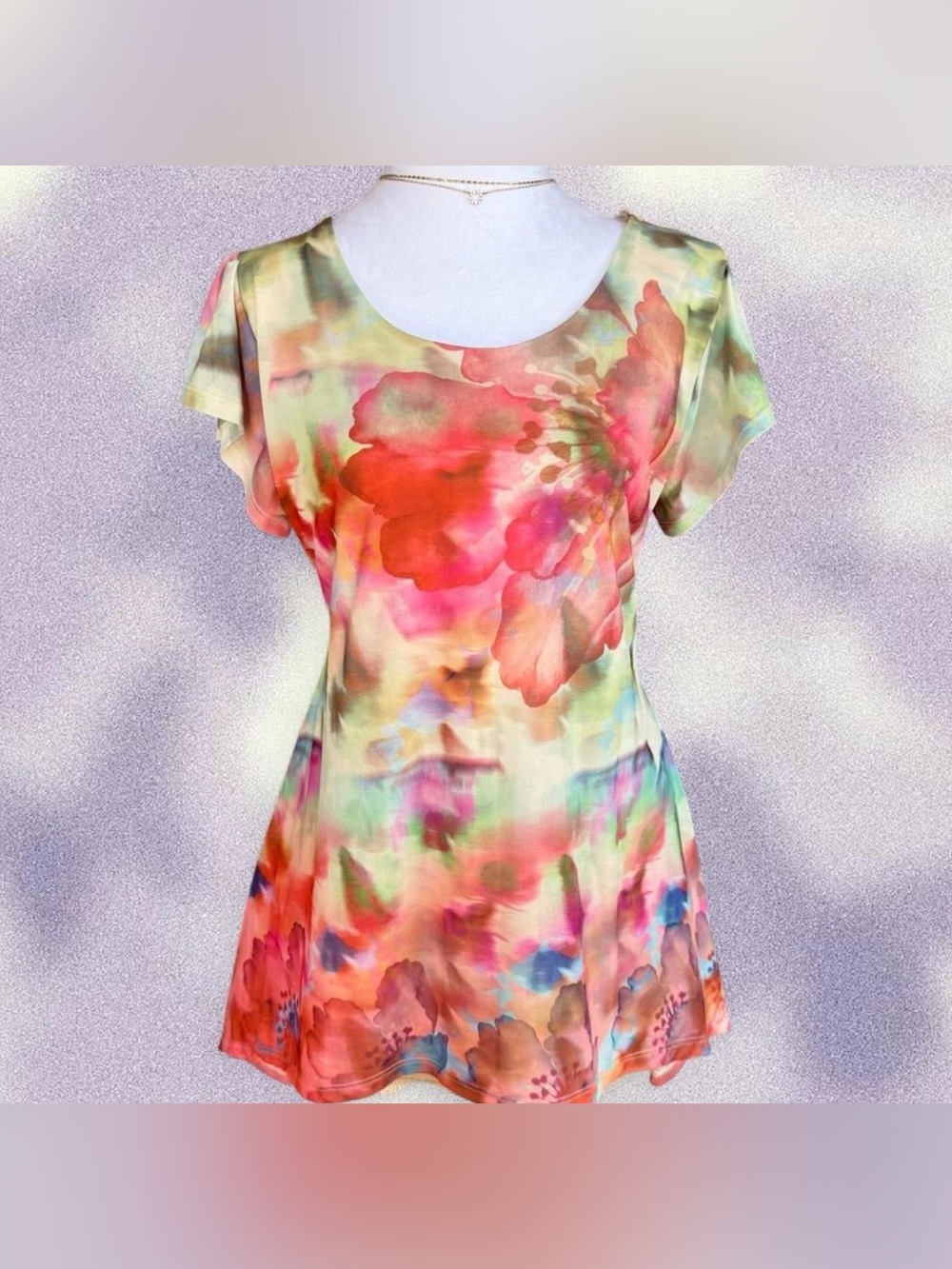 OneWorld Watercolor Floral Boho Fairy Tunic Top M Handkerchief Hem